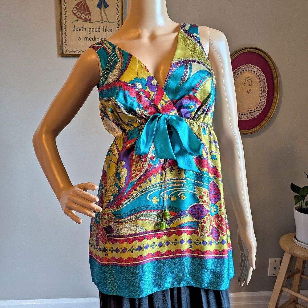 Vintage Y2K Single Silk Top Empire Waist Floral Leather Beaded Size P/XS